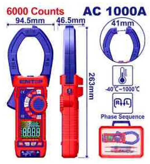 Digital AC Clamp Meter VA 6000 Counts, 1000A, Color Display, Temperature